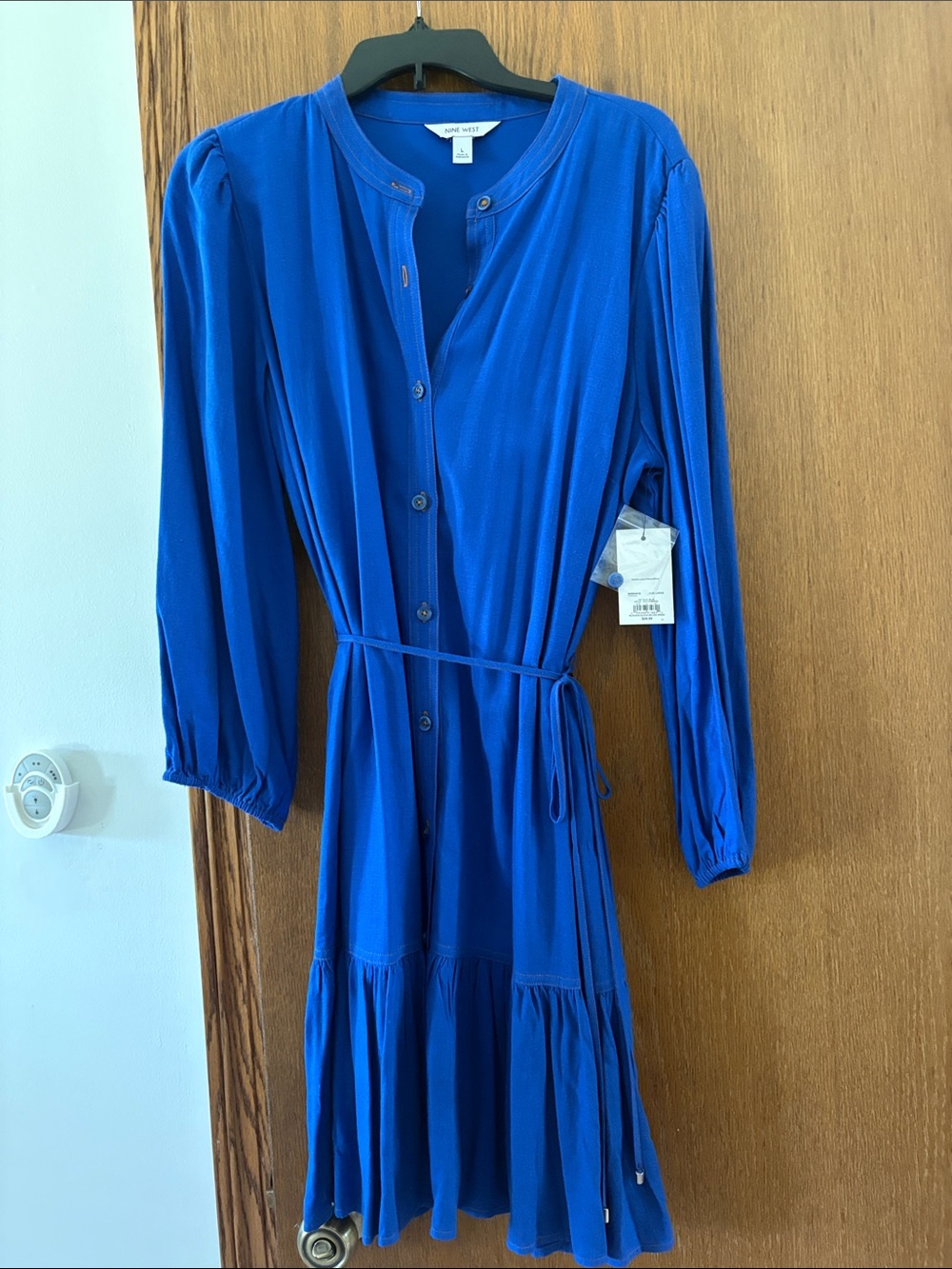 Nine West Cobalt Blue Long-Sleeve Button Dress with Tie Waist